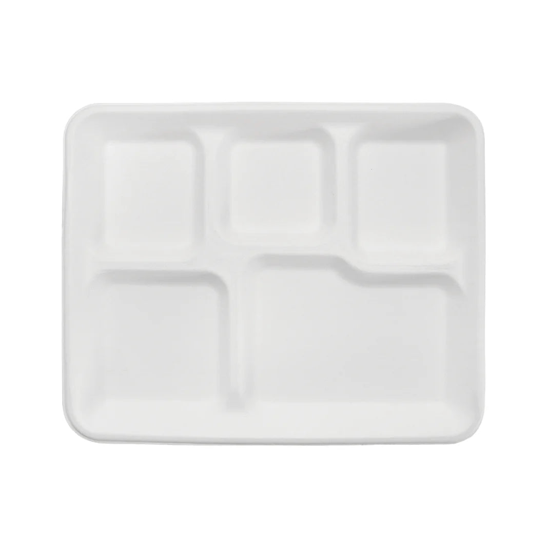 Himson 5 Compartment Bagasse Shallow School Tray, White (500/Case)