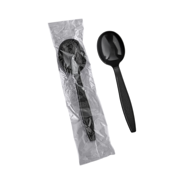 Heavy Weight Plastic Soupspoon Individually Wrapped, Black [1000 Pack]