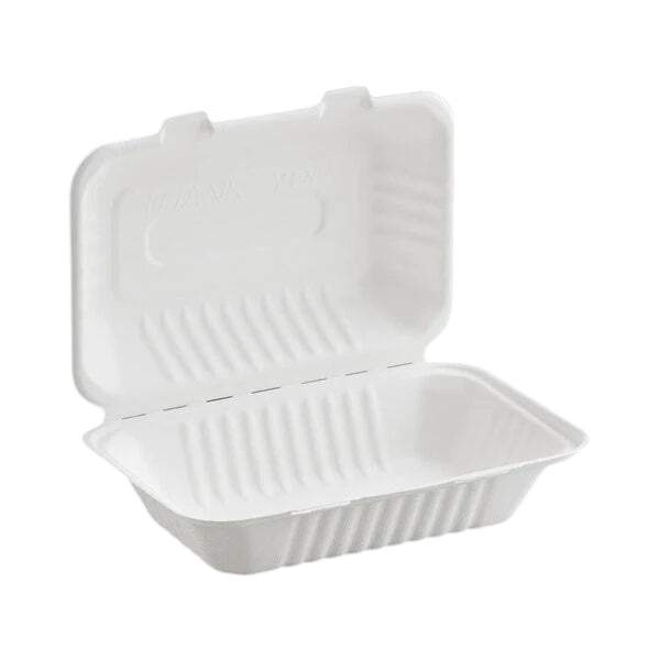9” X 6”  Bagasse Hinged Container, White [200/Case]