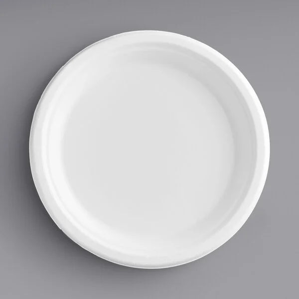 GJ7 - 9" Bagasse Round Plate, White [500/Case]