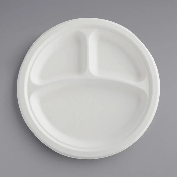 9'' 3 Compartment Biodegradable Round Plates, White [500 pcs]