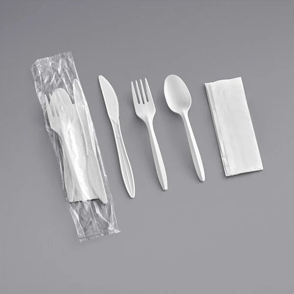6 Pcs Medium Weight Plastic Meal Kit - Fork, Knife, Teaspoon, Napkin, Salt & Pepper White (250/Case)