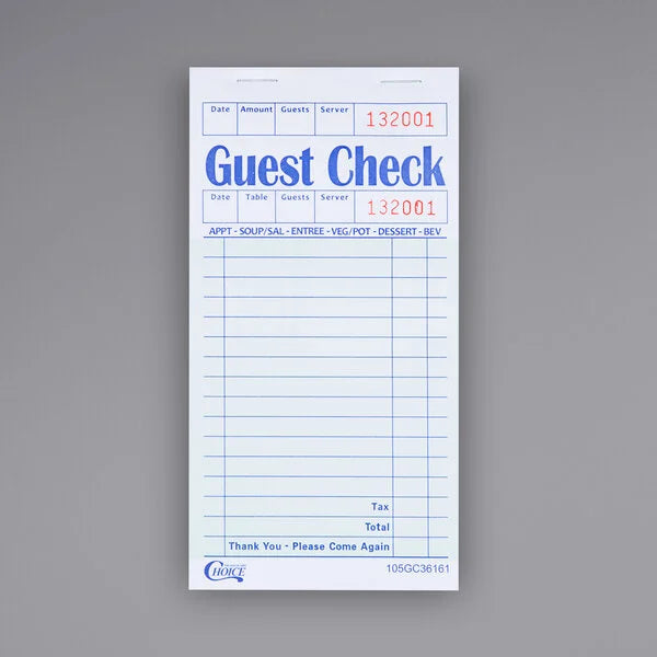 1 Part Paper Guest Check, 17 Lines [100/50]