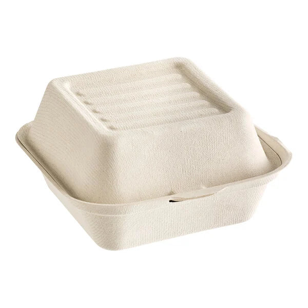 6" x 6" Natural Bagasse Hinged Container [400/Case]