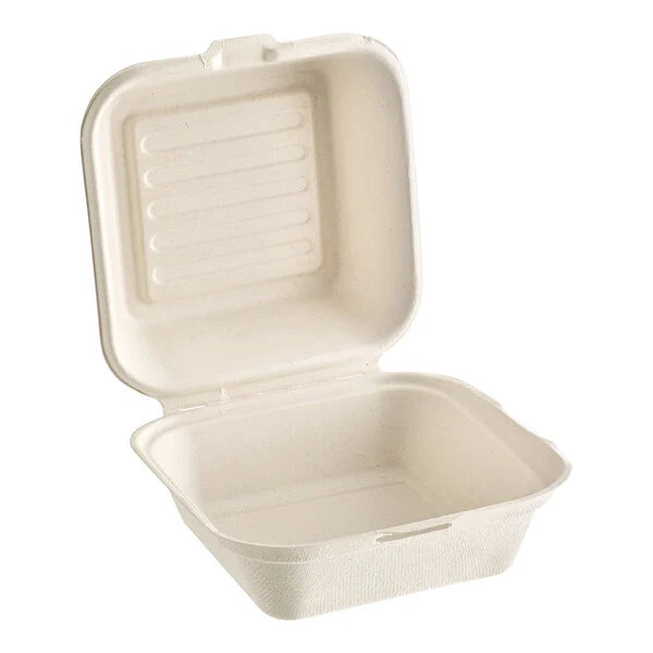 6" x 6" Natural Bagasse Hinged Container [400/Case]