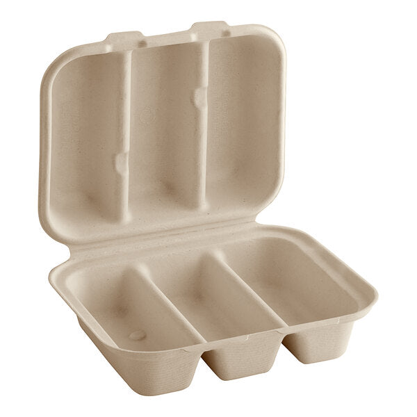 3-Compartment Compostable Fiber Taco Clamshell 8" x 7" x 3"  [300/Case]