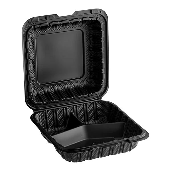 MFPP 8" x 8"- 3 Compartment Mineral Filled Hinged Lid Container, Black [150 Case]