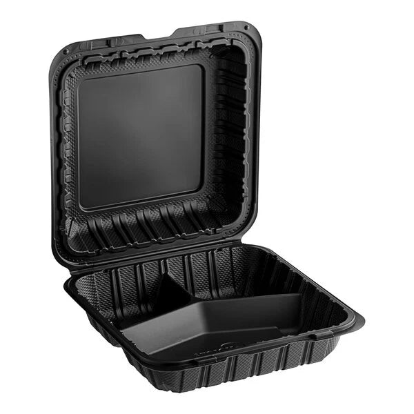 MFPP 9" x 9"- 3 Compartment Mineral Filled Hinged Lid Container, Black [150 Case]