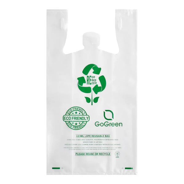 1/6 Go-Green Plastic T-Shirt Bags, White [150/Case]
