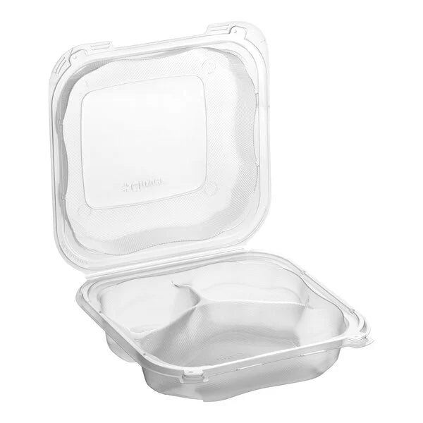 8" x 8" - 3 Compartment Microwaveable PP Hinged Container, Clear [150/Case]