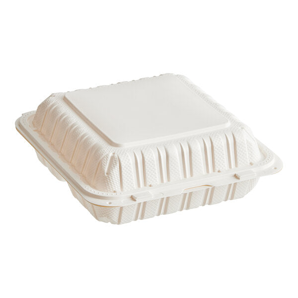 MFPP 9" x 9" - 3 Compartment Microwaveable Mineral Filled Plastic Hinged Clamshell, White [150 Pack]