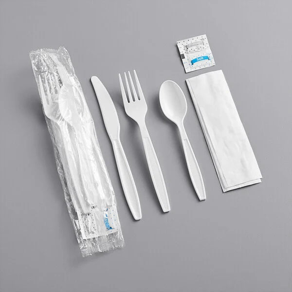 6 pcs Heavy Weight Plastic Meal Kit, Fork, Knife, Teaspoon, Napkin with Salt & Pepper, White [250 Pack]