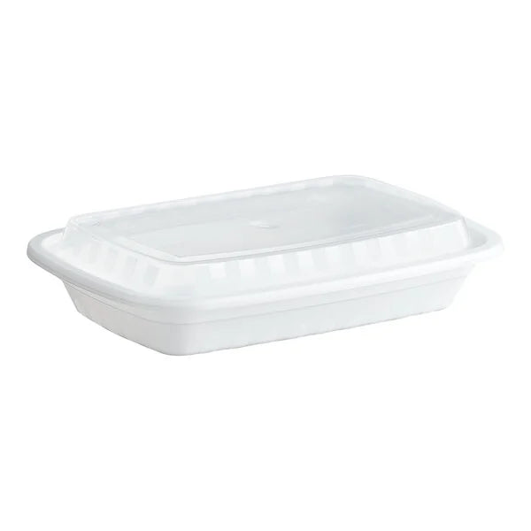 SR -16 oz Rectangle Microwavable White Containers with Clear Lids [150/Case]