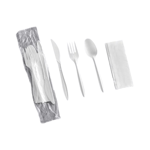 6 Pcs Medium Weight Plastic Meal Kit - Fork, Knife, Teaspoon, Napkin, Salt & Pepper White (250/Case)