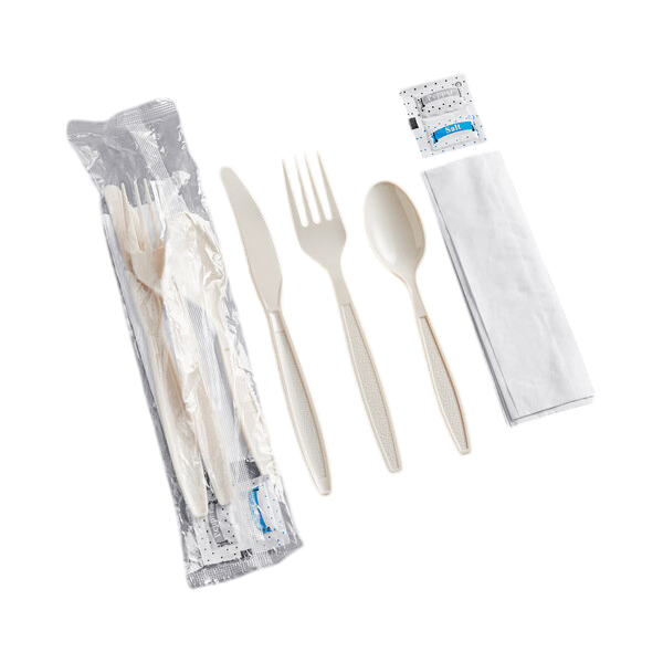 Plastic Cutlery Set Heavy Weight Fork, Knife, Teaspoon, Napkin with Salt & Pepper Beige [500 Pack]