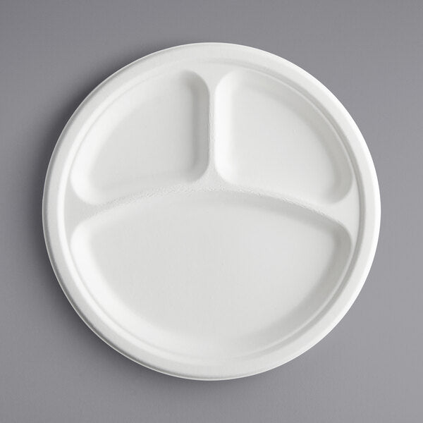 10'' 3 Compartment Biodegradable Round Plate, White [500Case]