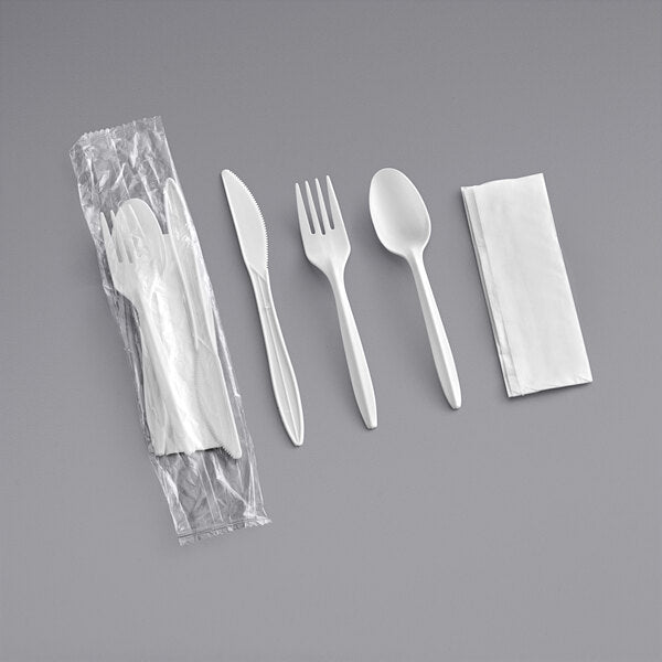 4 Pcs Medium Weight Plastic Meal Kit - Fork, Knife, Teaspoon & Napkin, White (400/Case)