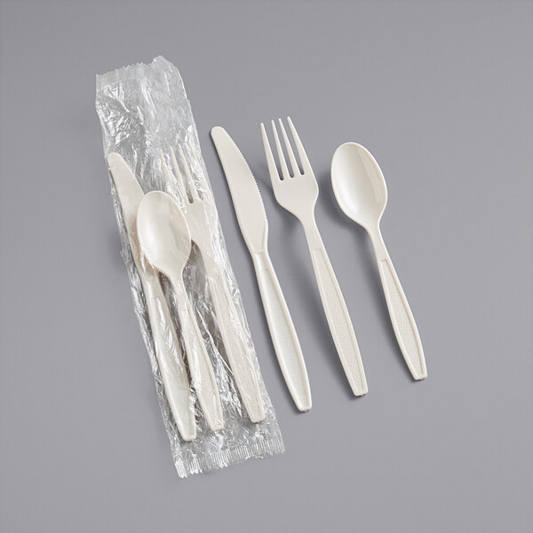 Plastic Cutlery Set Heavy Weight Fork, Knife & Teaspoon Beige [500 Pack]
