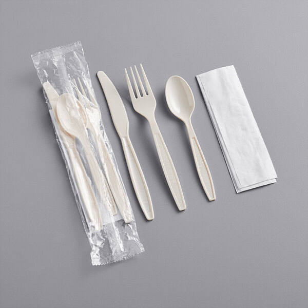 Plastic Cutlery Set Heavy Weight Fork, Knife, Teaspoon & Napkin Beige [500 Pack]