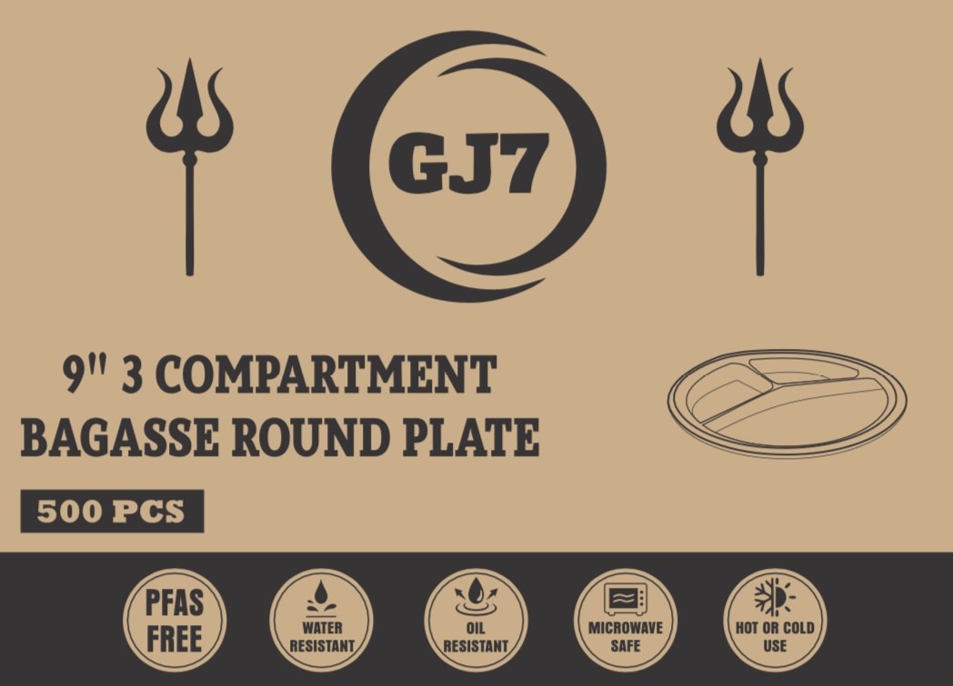 GJ7 - 9"- 3 Compartment Bagasse Round Plate, White [500/Case]