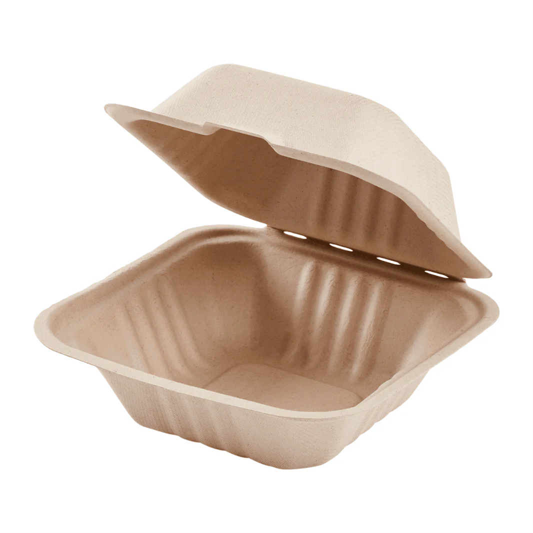Karat Earth 6''x 6''  Compostable Bagasse Hinged Containers, Natural - 500 pcs