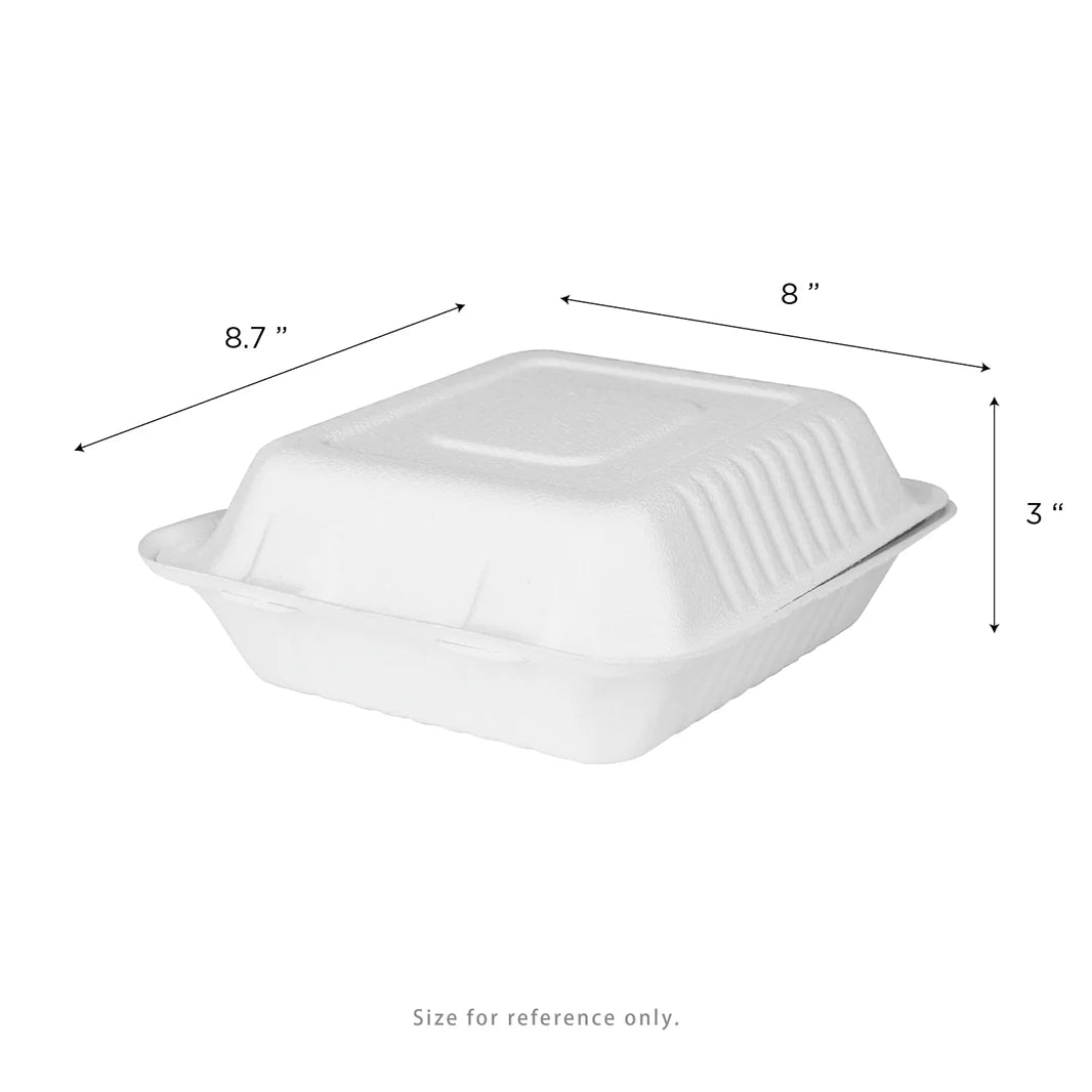 Brheez 8” x 8” - 3 Compartment Bagasse Take Out Containers, White  [150/Case]