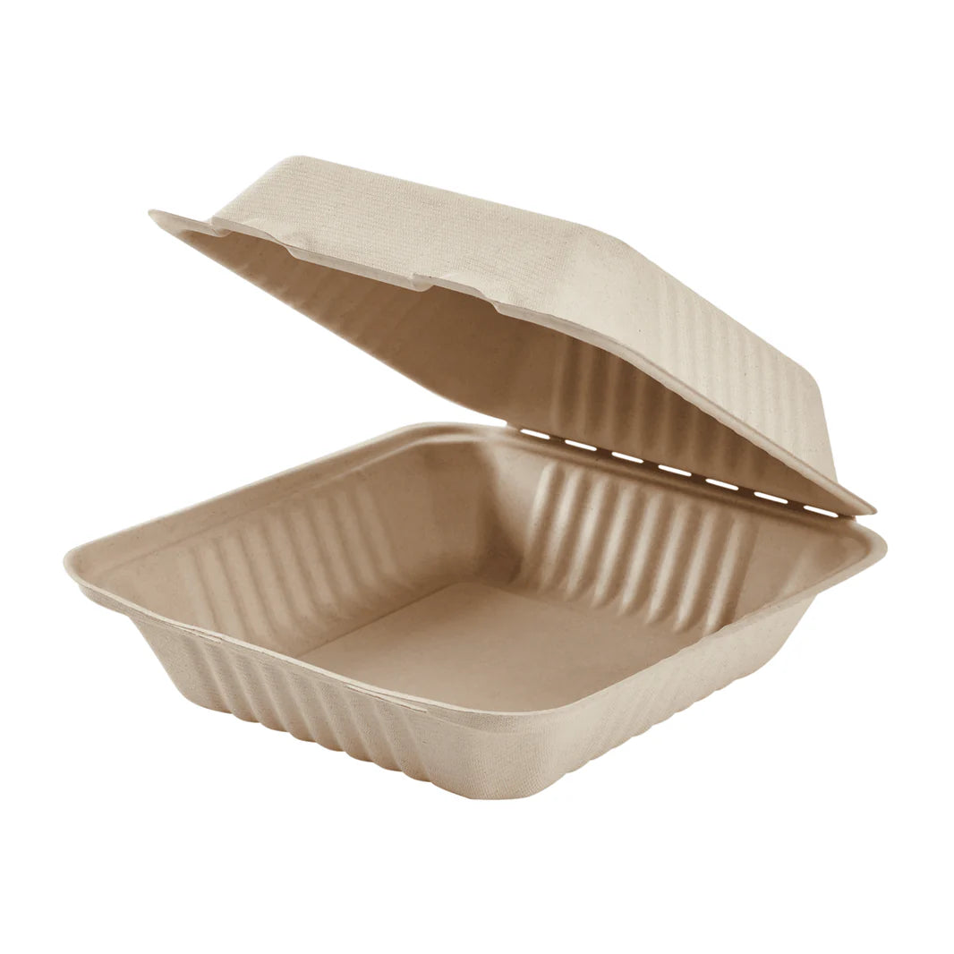 Brheez 8” x 8” Bagasse Take Out Containers, Natural  [150/Case]