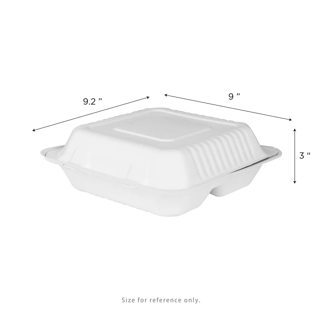 Brheez 9” x 9” - 3 Compartment Bagasse Take Out Containers, White  [150/Case]