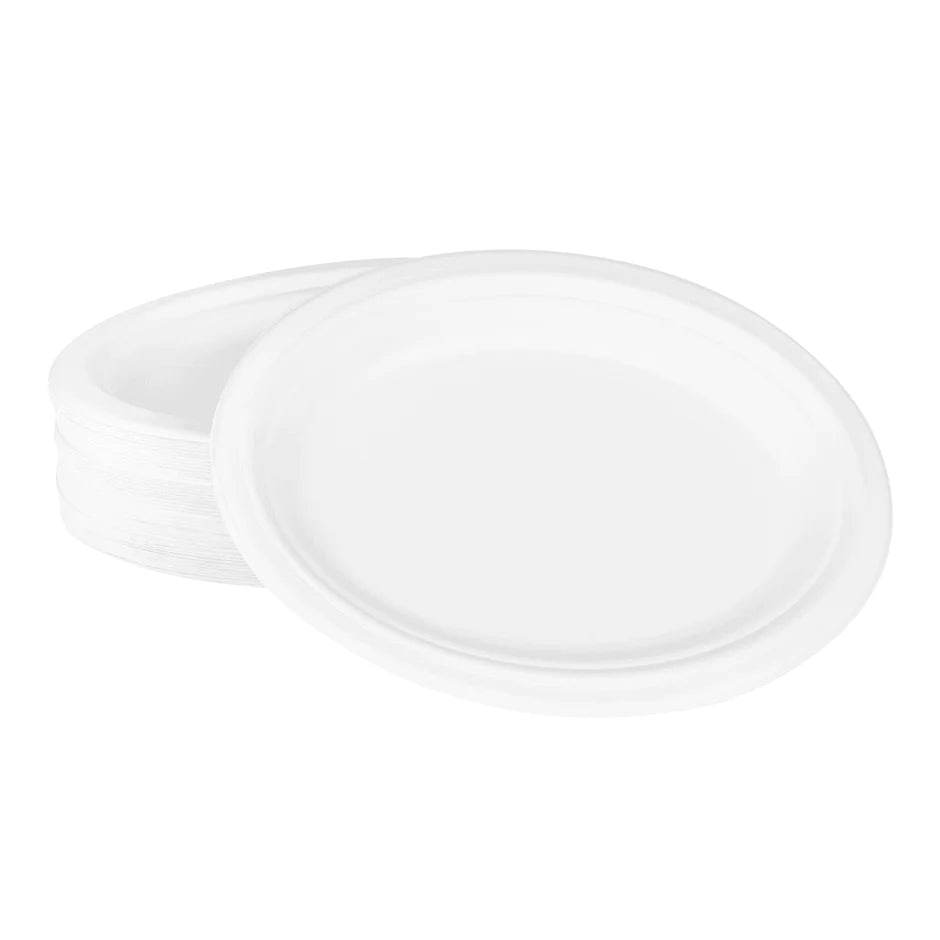 10'' x 8'' PFAS Free Compostable Bagasse Oval Plates, White [500 pcs]