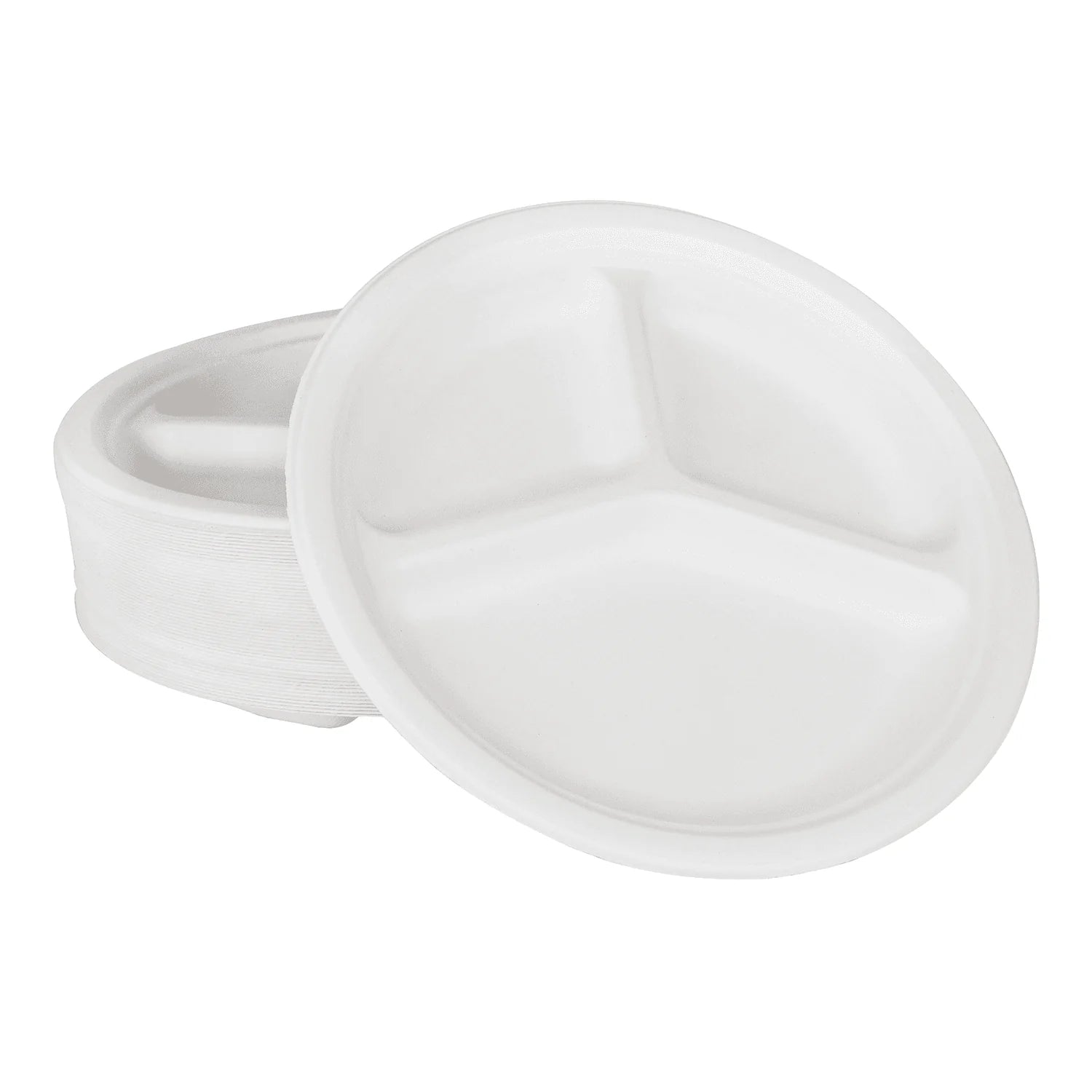 10" - 3 Compartment Compostable Bagasse Round Plate, White [500/Case]