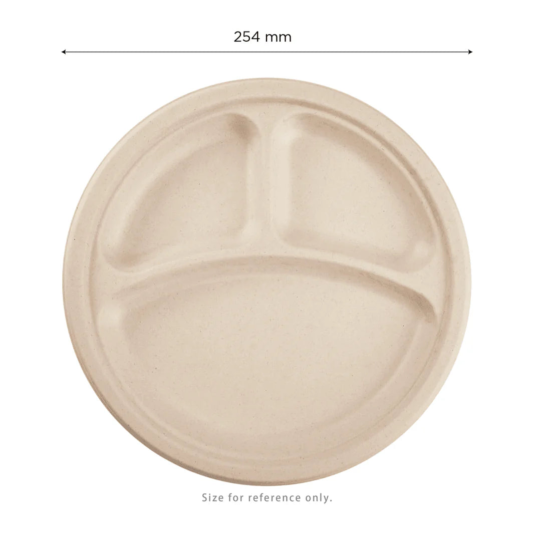 Brheez 10" - 3 Compartment Round Bagasse Plate, Natural