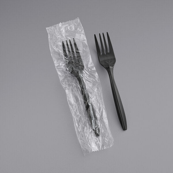 Medium Weight Plastic Fork, Individually Wrapped, Black [1000 Pack]
