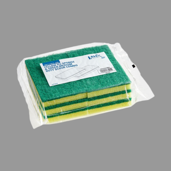 Lavex 6" X 3 1/2" X  3/4" Medium Duty Sponge / Scouring Pad Combo [6 Pack]