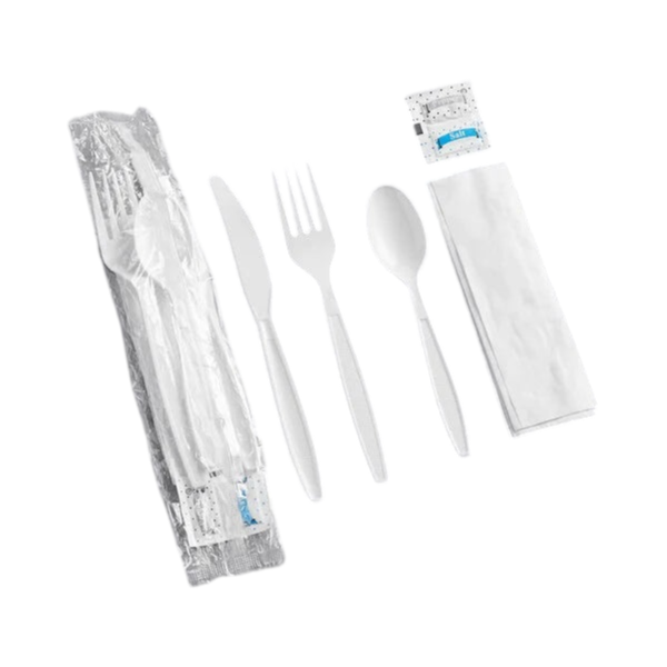 6 pcs Heavy Weight Plastic Meal Kit, Fork, Knife, Teaspoon, Napkin with Salt & Pepper, White [250 Pack]