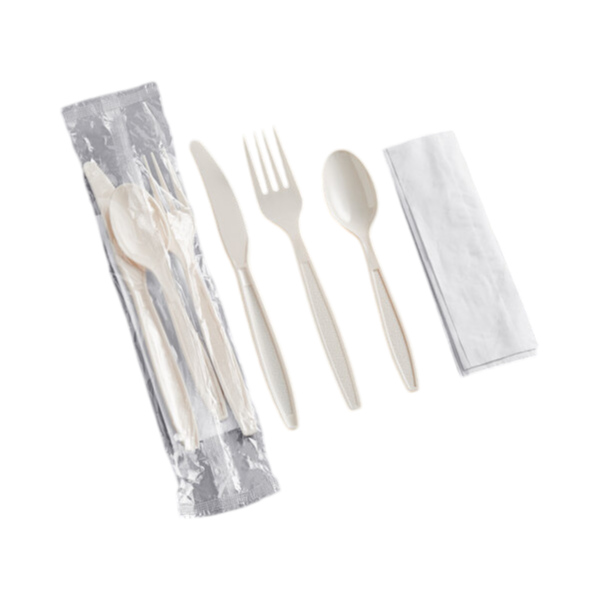 Plastic Cutlery Set Heavy Weight Fork, Knife, Teaspoon & Napkin Beige [500 Pack]