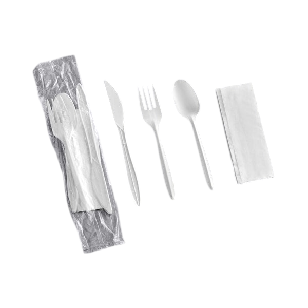 4 Pcs Medium Weight Plastic Meal Kit - Fork, Knife, Teaspoon & Napkin, White (500/Case)