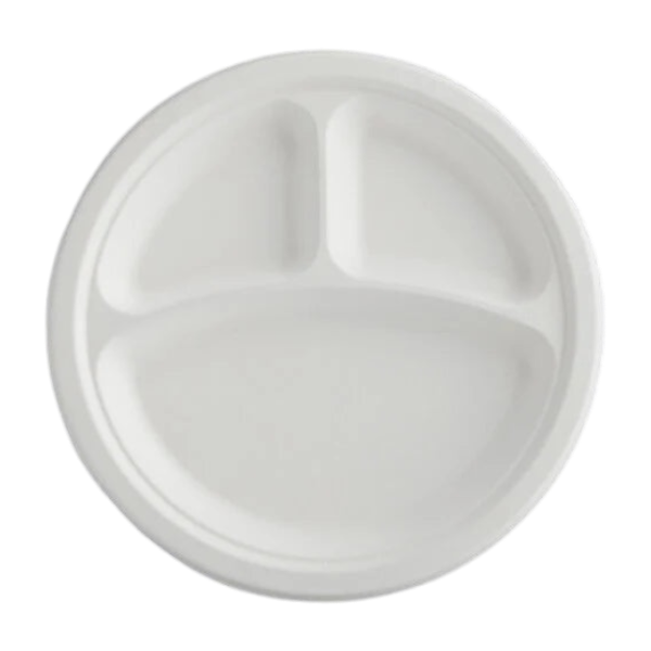 9'' 3 Compartment Biodegradable Round Plates, White [500 pcs]