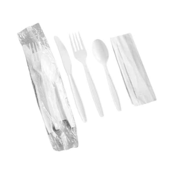 Heavy Weight Plastic Cutlery Set - Fork, Knife, Teaspoon & Napkin, White [500 Pack]