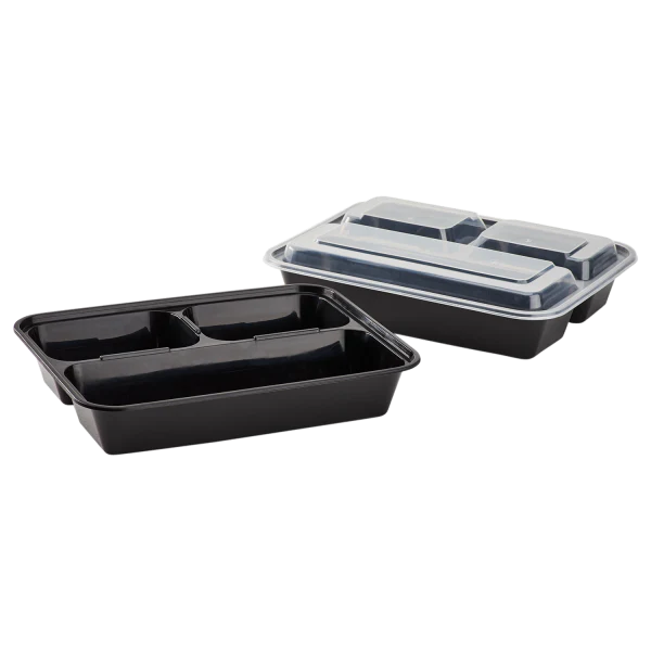 33 oz - 3 Compartment Microwaveable Rectangular Black Containers with Clear Lids [150/Case]